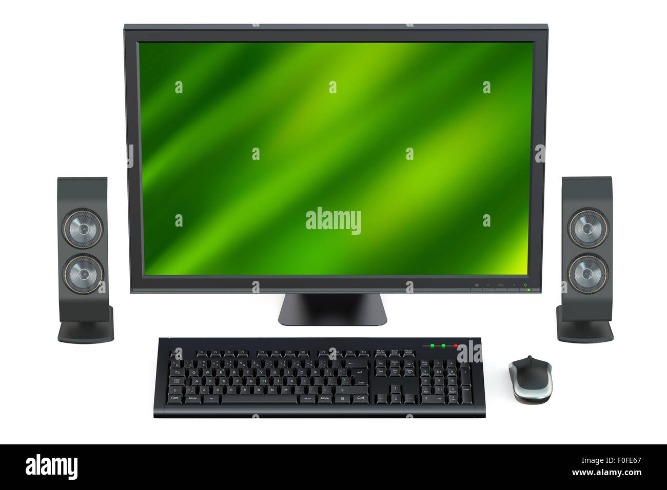 Computer mit Lautsprechern isoliert auf weißem Hintergrund Stockfoto