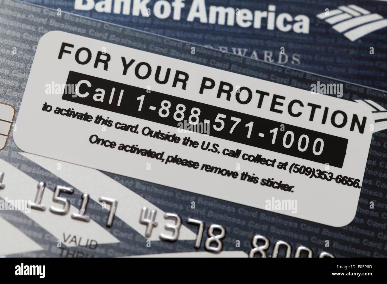 Bank of America Kreditkarte Aktivierung Telefonnummer - USA Stockfoto