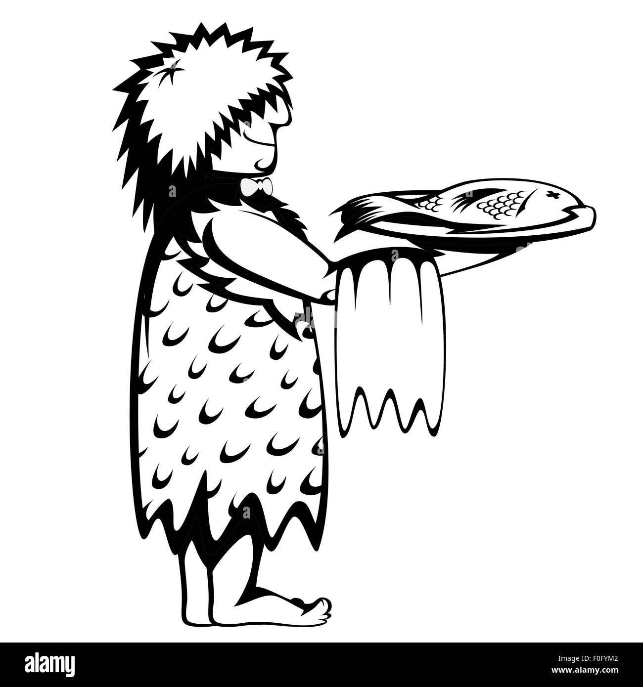 Paleo Kellner - Silhouette des prähistorischen Kellner mit einem Tablett und einen frischen Fisch (Cartoon-Stil) Stockfoto