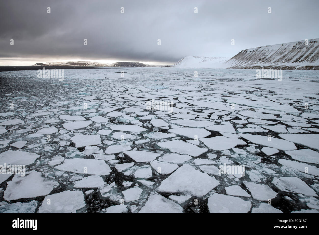 Packeis mit Bergen im Hintergrund Svalbard Spitzbergen Norwegen Polarkreis Skandinavien Stockfoto