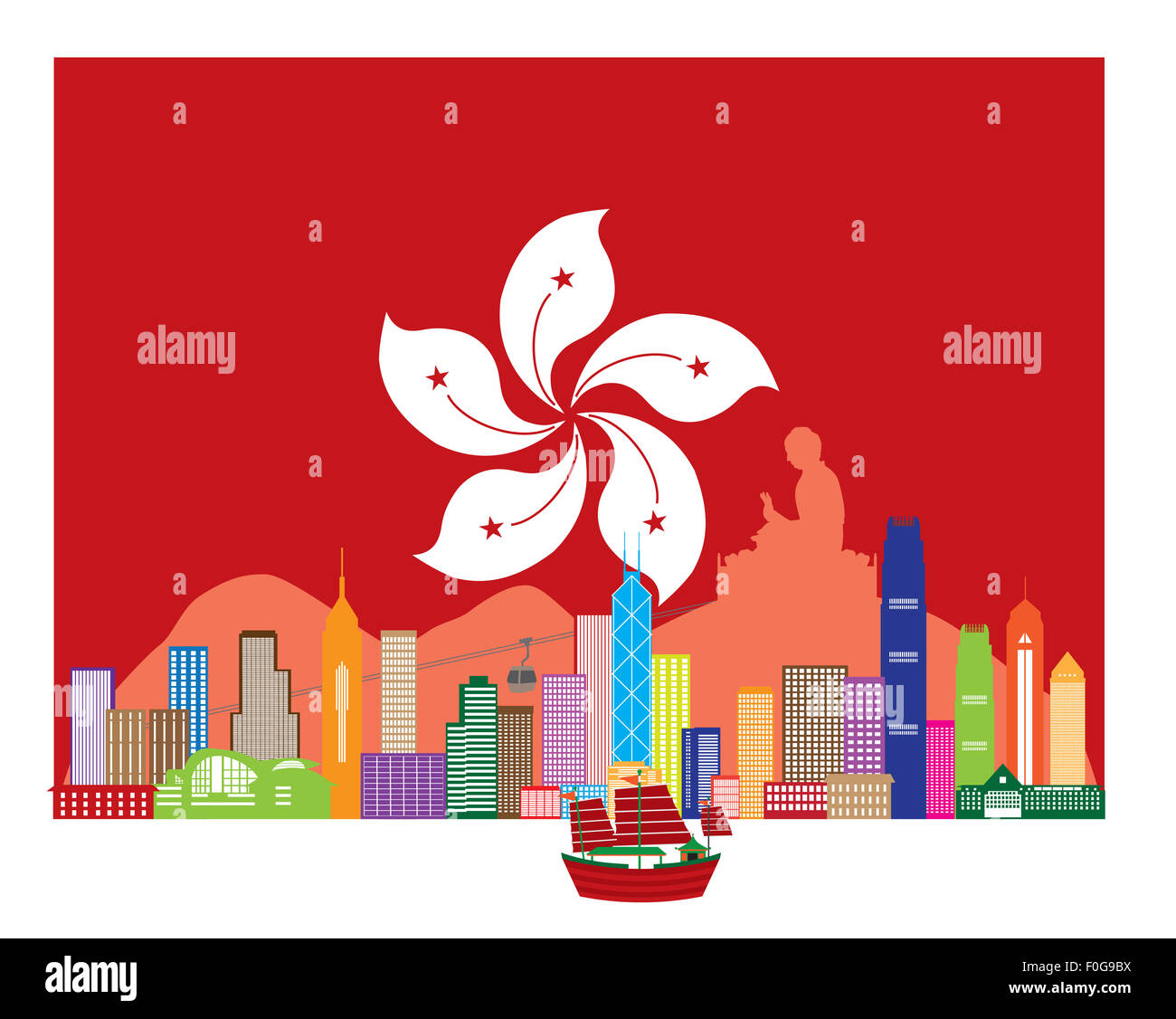 Hong Kong Skyline und Big Buddha Statue Panorama in Hong Kong Flagge Hintergrund Farbe Abbildung Stockfoto
