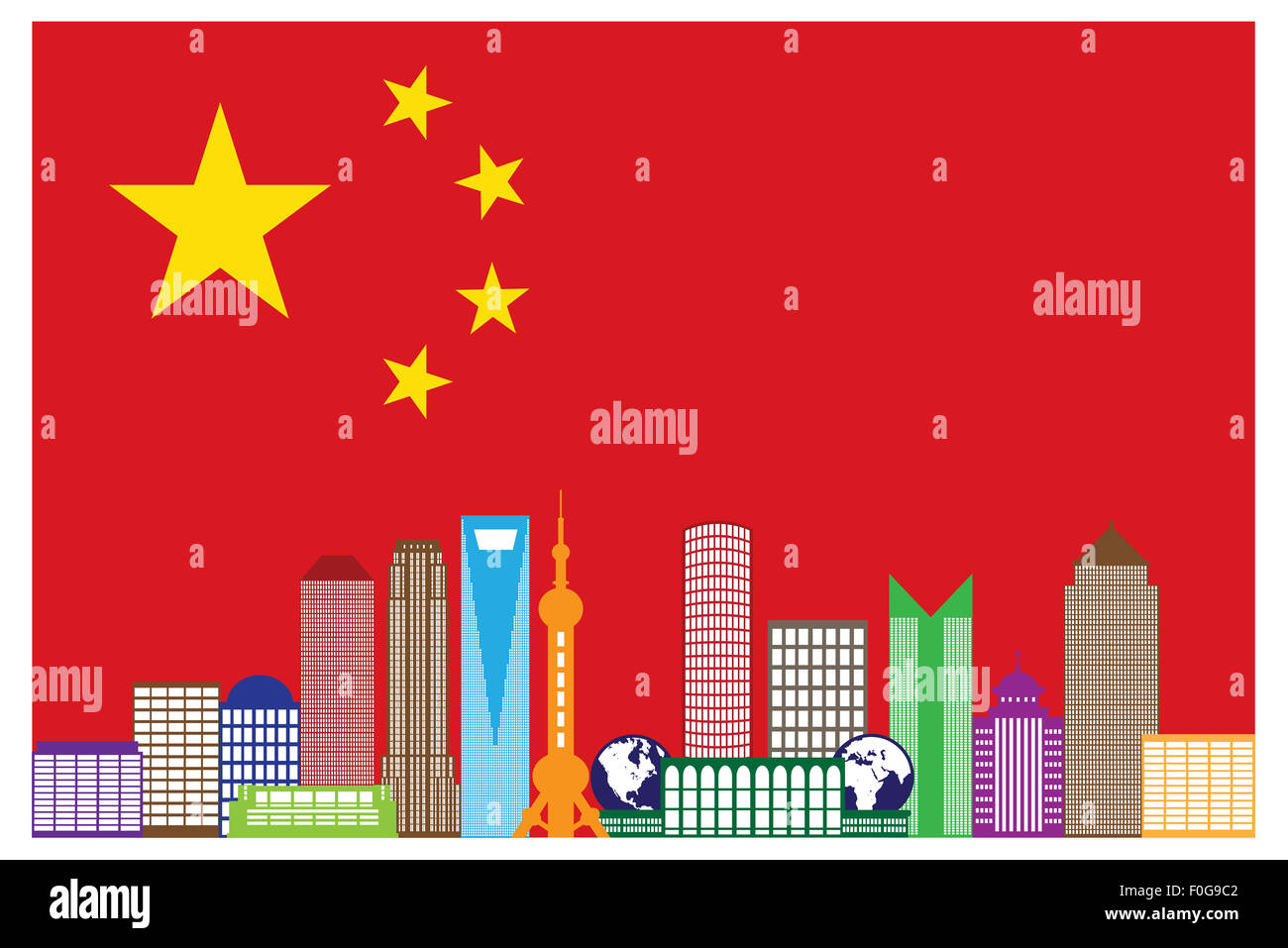 Shanghai China City Skyline Umriss Silhouette in China Flagge isoliert auf weißem Hintergrund Farbe Abbildung Stockfoto