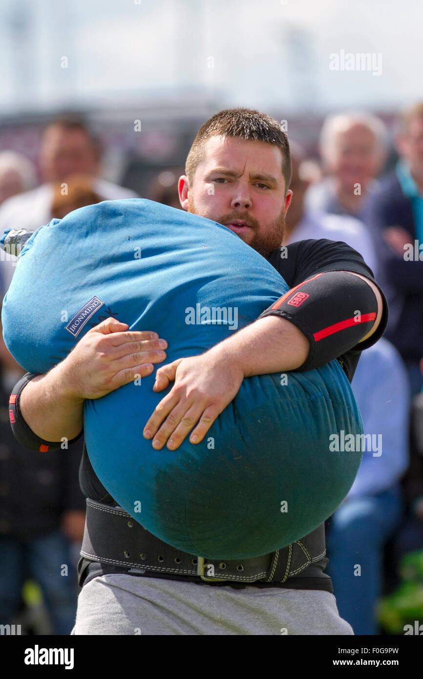 Arbroath, Angus, Schottland, 15. August 2015. Gewichtheber Heben 110 Kg an der Arbroath Meer Fest, ein jährliches Festival des Meeres statt entlang der Arbroath Strandpromenade und Zentrierung Um charmante Hafen der Stadt und der neuen Marina. 1997 gegründet, Meer Fest Veranstaltung ist eine beliebte Feier der wunderbaren maritime der Arbroath Erbe, zieht über 30.000 Besucher über die zwei Tage im August jeden Jahres. Stockfoto