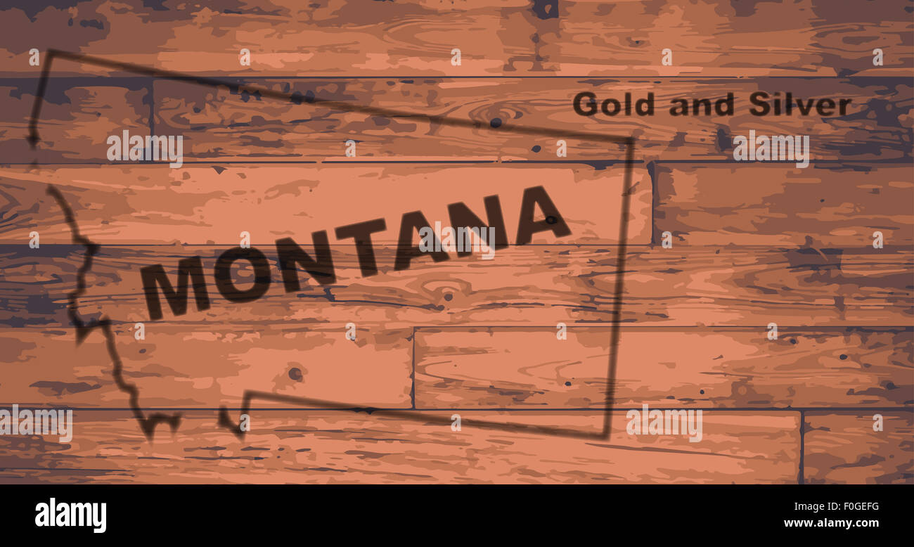 Montana State Karte Marke auf Holzbrettern mit Karte Umriss und Staat motto Stockfoto