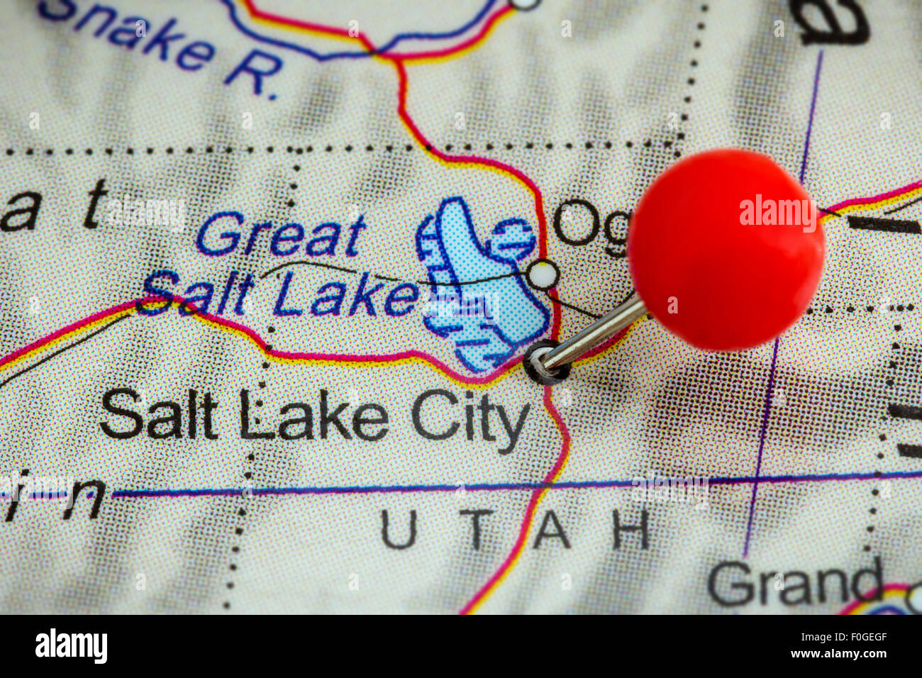 Nahaufnahme von roten Pin auf einer Karte von Salt Lake City, USA Stockfoto