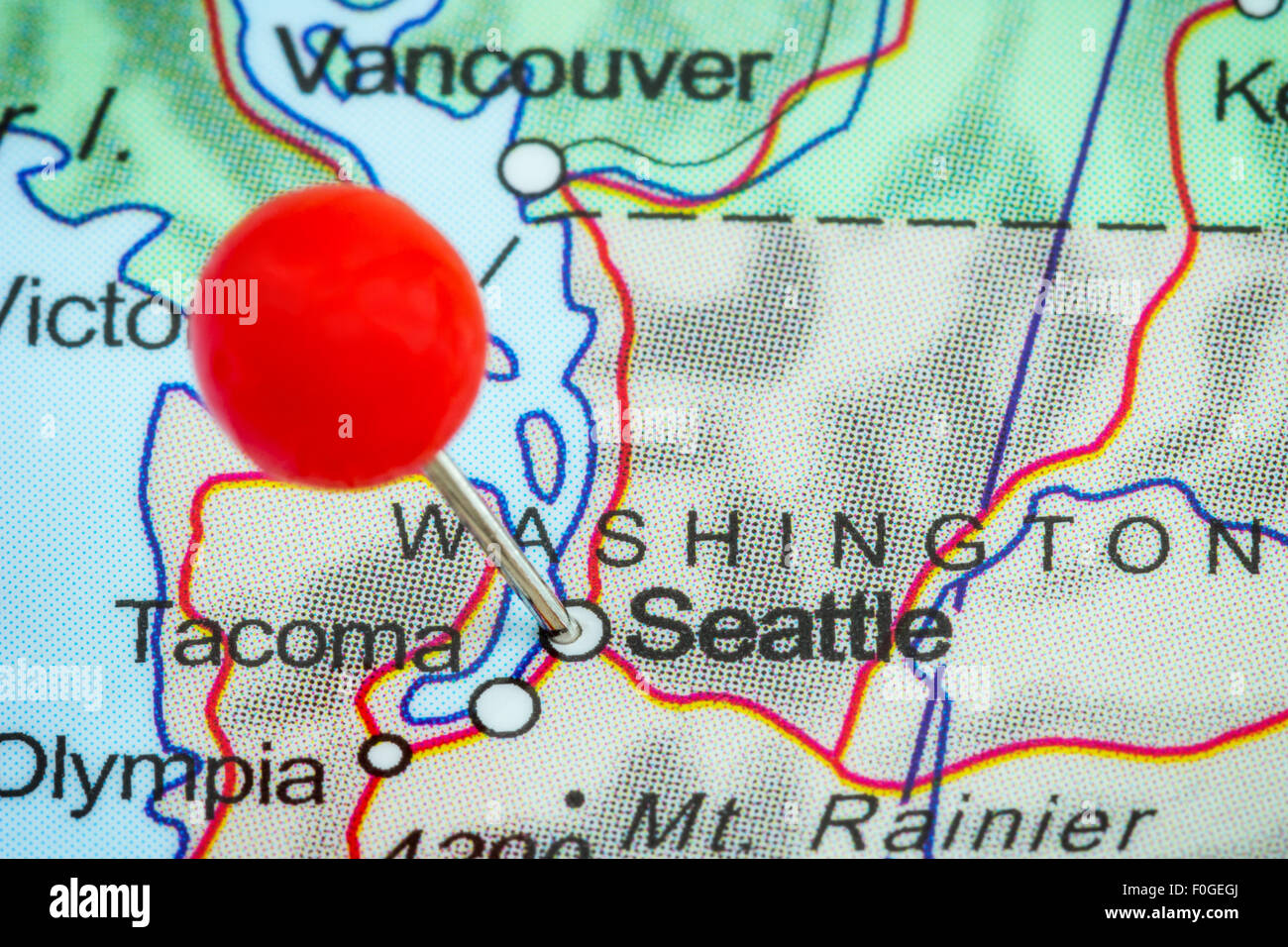 Nahaufnahme von roten Pin auf einer Karte von Seattle, USA Stockfoto