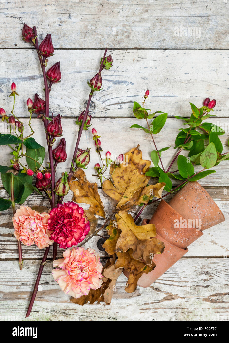 Herbst Blumen und Beeren auf eine rustikale Oberfläche Stockfoto