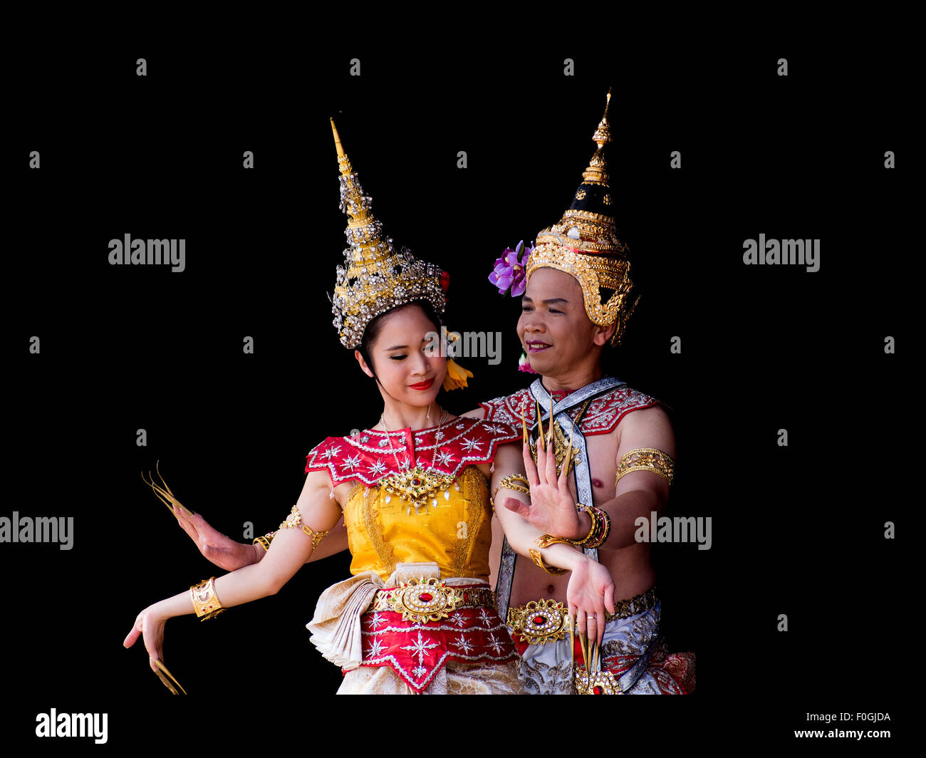Männliche und weibliche Tänzer in traditionellen Thai Kostüm Stockfoto