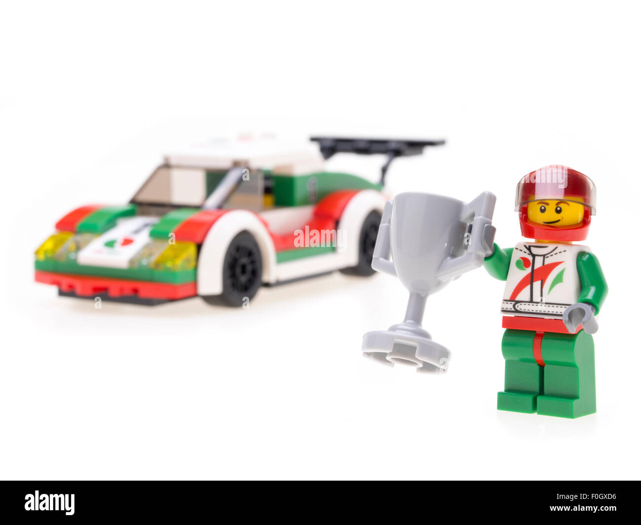 LEGO Spielzeug-Rennwagen. Eine legendäre Kinderspielzeug produziert von LEGO Billund, Dänemark Stockfoto