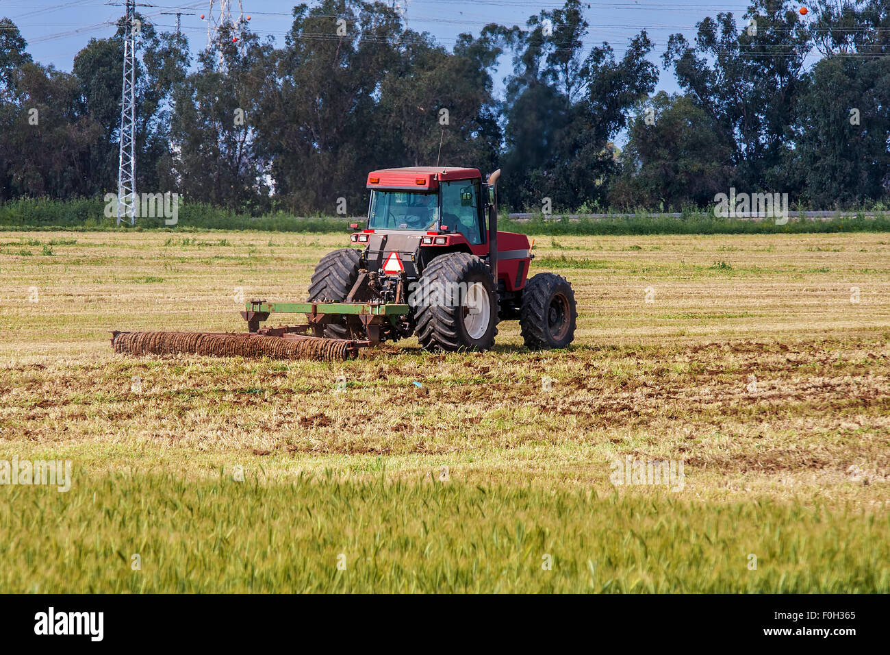 Traktor Landwirtschaft gepflügtes Feld nach Weizen in Israel zuschneiden. Stockfoto