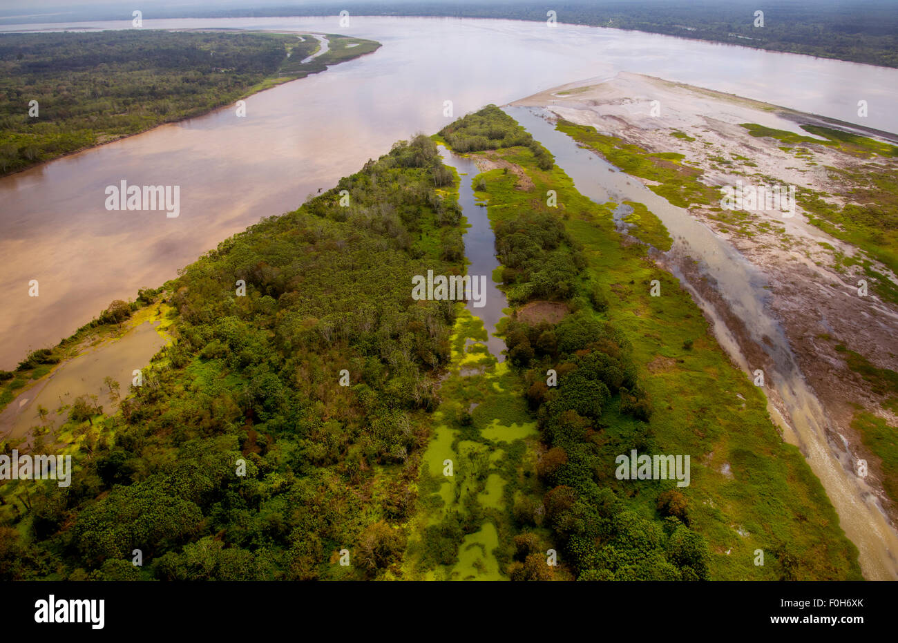 Amazonas-Antenne mit Flussinsel im Vordergrund, in der Nähe von Iquitos, Peru Stockfoto