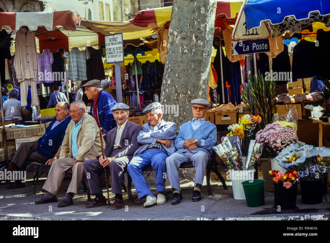 Eine Gruppe älterer Männer sitzen auf einer Bank auf dem Marktplatz in Limoux. Languedoc Roussillon. Frankreich Stockfoto