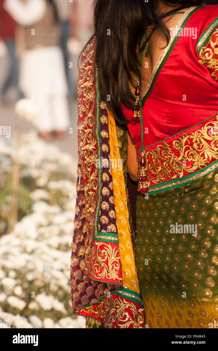 Delhi, Indien. Eine gut gekleidete indische Frau von hinten mit bunten prächtigen rot, Gold und grün bestickt Kleidung. Stockfoto