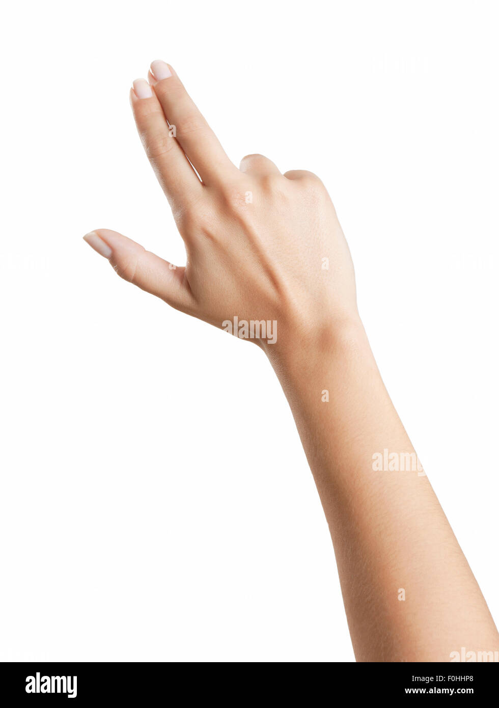 Frau Hand Tücher mit zwei Fingern, Hintergrund weiß, isoliert Stockfoto