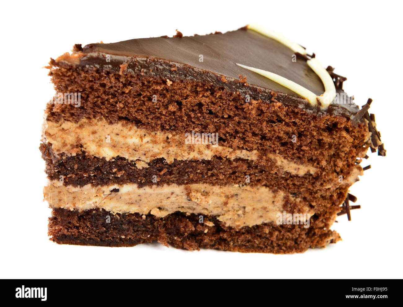Schokoladenkuchen-Slice auf weißem Hintergrund Stockfoto