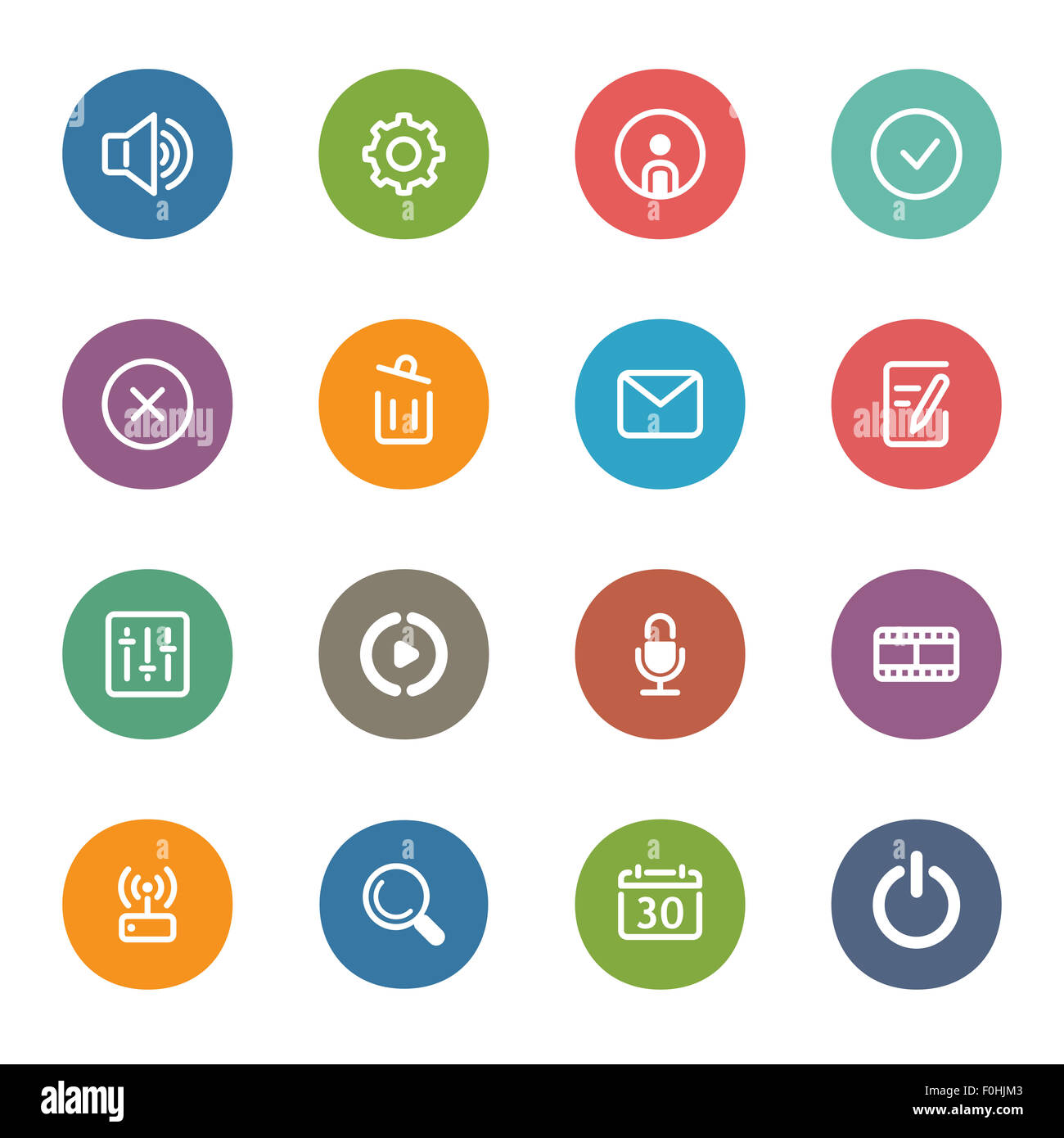 Flache farbige Icon Set von Film Network, Equalizer, Mikrofon Recorder, Lautsprecher, Einstellungen, persönliches Profil, Umschlag, ma Stockfoto