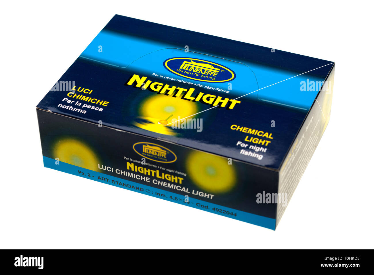 Box mit chemischen Lineaeffe-Lampen für Nachtfischen Stockfoto