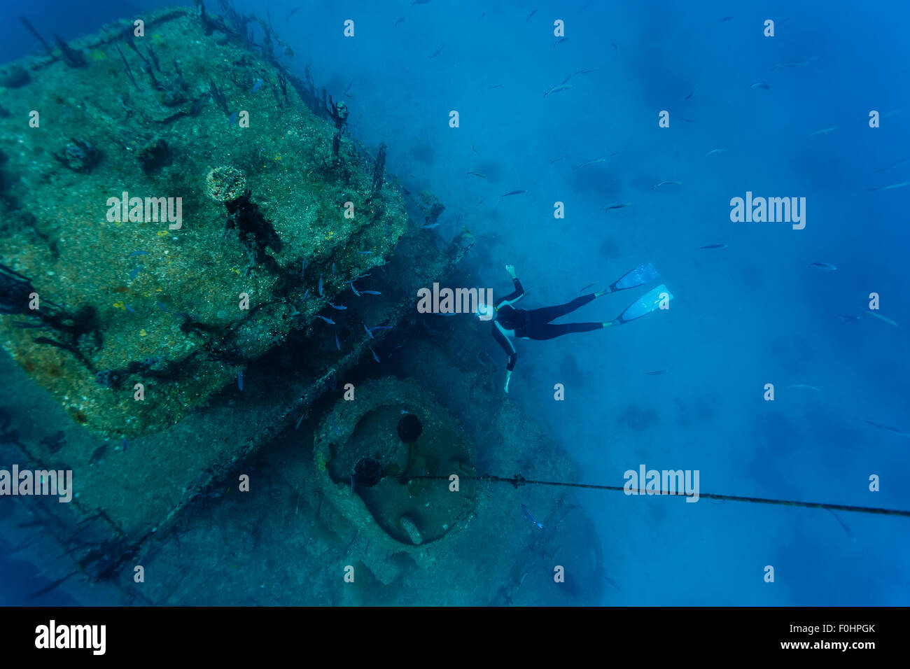 Freitaucher schwimmt über Boot Wrack in 100 Fuß tief Stockfoto