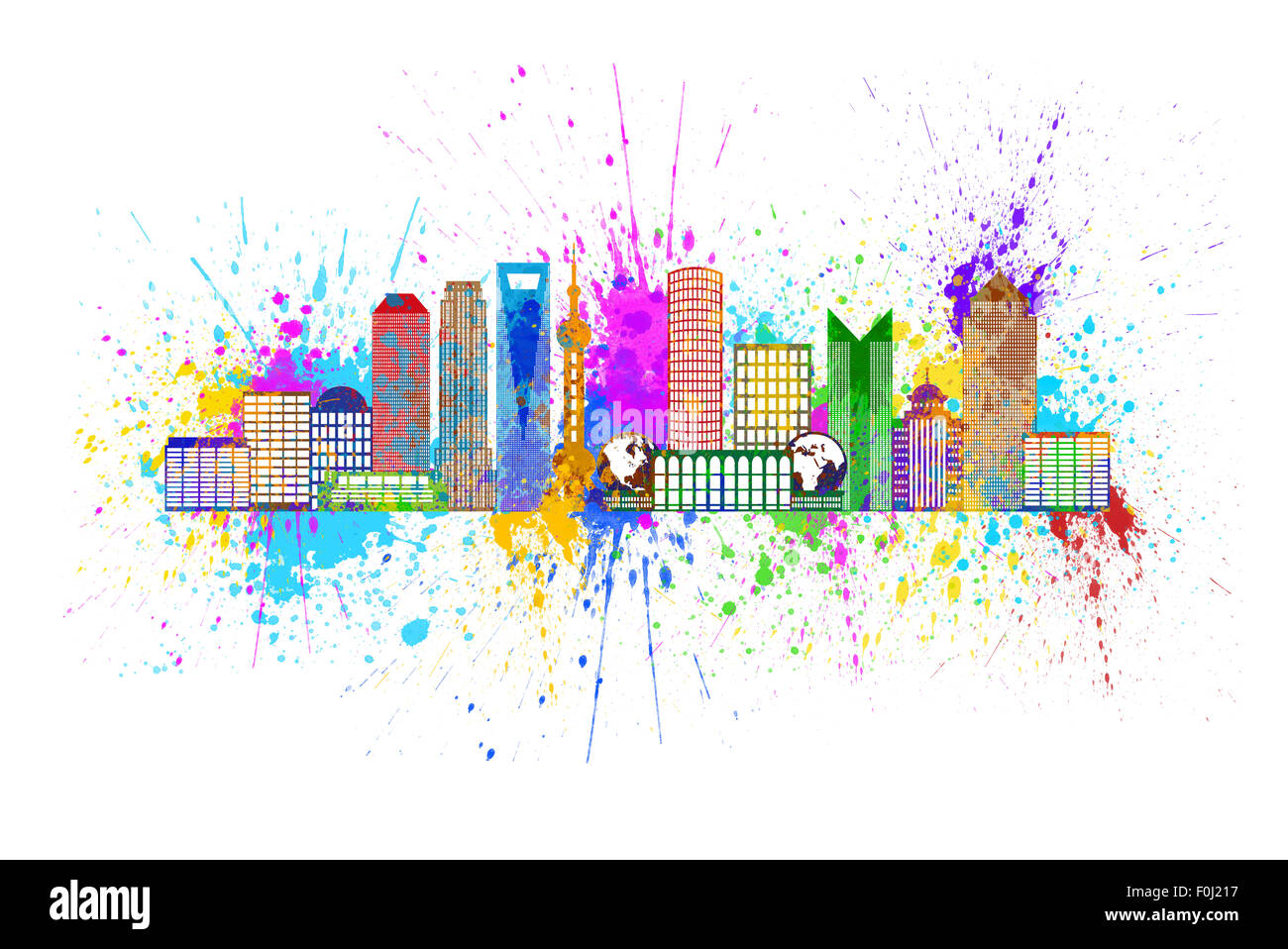 Shanghai China City Skyline Silhouette Umrissfarbe mit Farbspritzer isoliert auf weißem Hintergrund Illustration Stockfoto