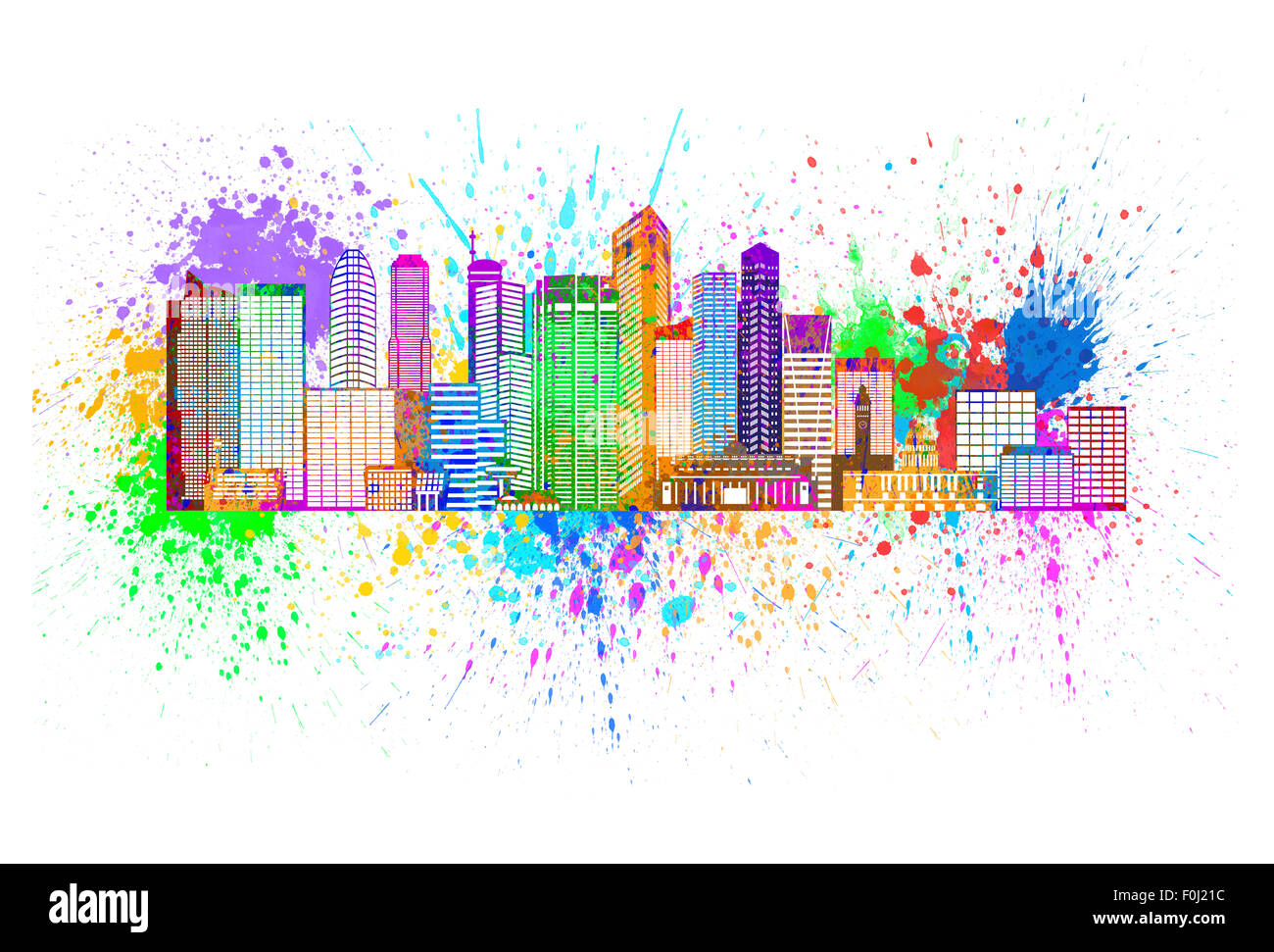 Singapur City Skyline Silhouette Umriss Panorama Farbe mit Farbspritzer isoliert auf weißem Hintergrund Illustration Stockfoto