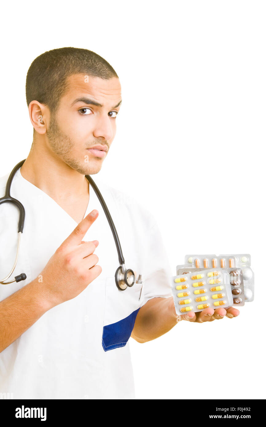 Arzt mit Pillen in seiner Hand Warnung vor Nebenwirkungen Stockfoto