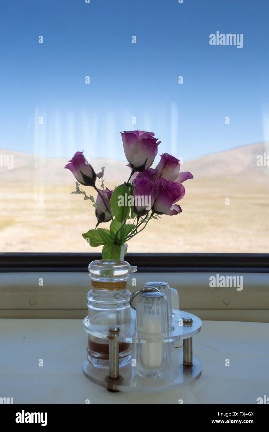 Salz und Pfeffer auf einem Tisch im Restaurant im Zug Lhasa - Shanghai im Jahr 2013. Tibet im Hintergrund. Stockfoto