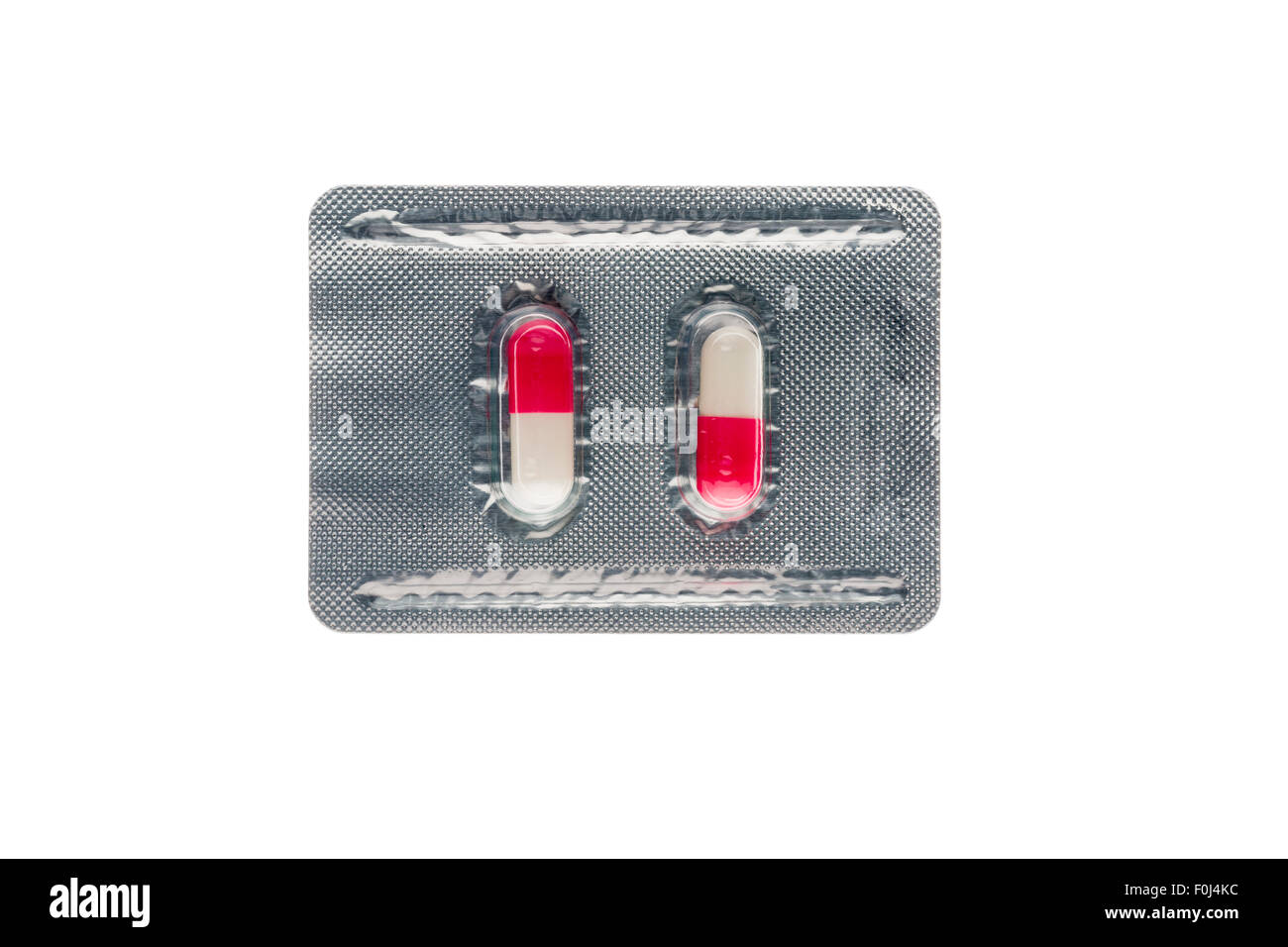 Kapseln in einer Blisterpackung isoliert auf weißem Hintergrund Stockfoto