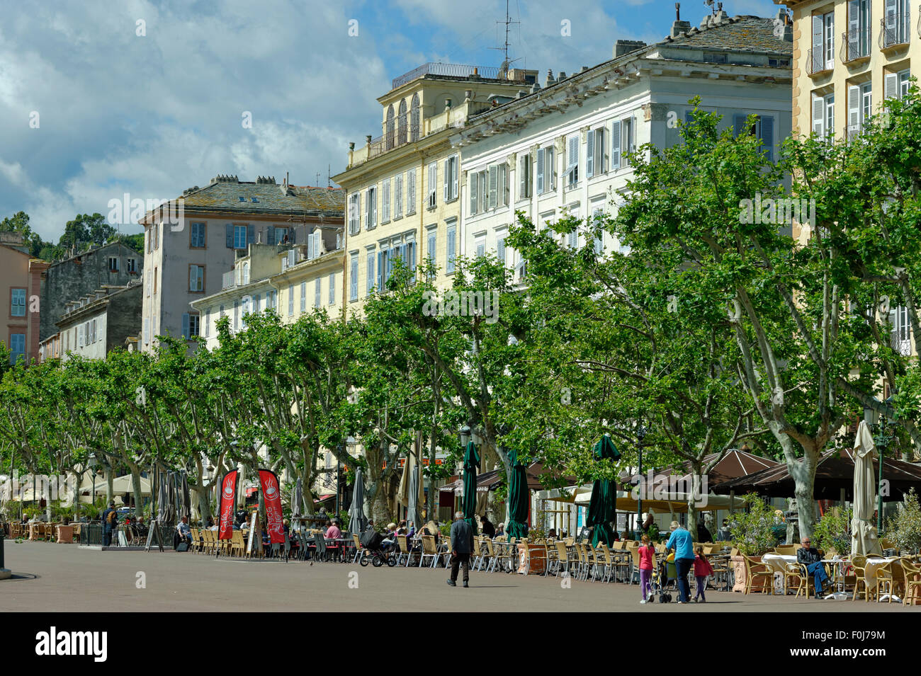 Straßencafés auf dem Place Saint Nicolas, Bastia, Haute-Corse, Nordküste, Korsika, Frankreich Stockfoto