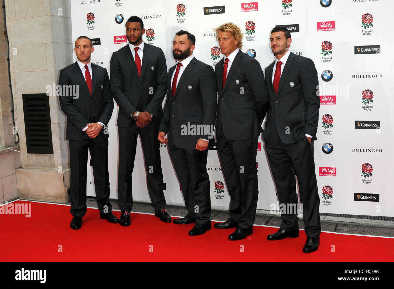 London, UK, 5. August 2015, Mike Brown, Courtney Lawes, Alex Corbisiero, Billy Twelvetrees, Jonny Mai besucht "Tragen Sie zu Hause" Stockfoto