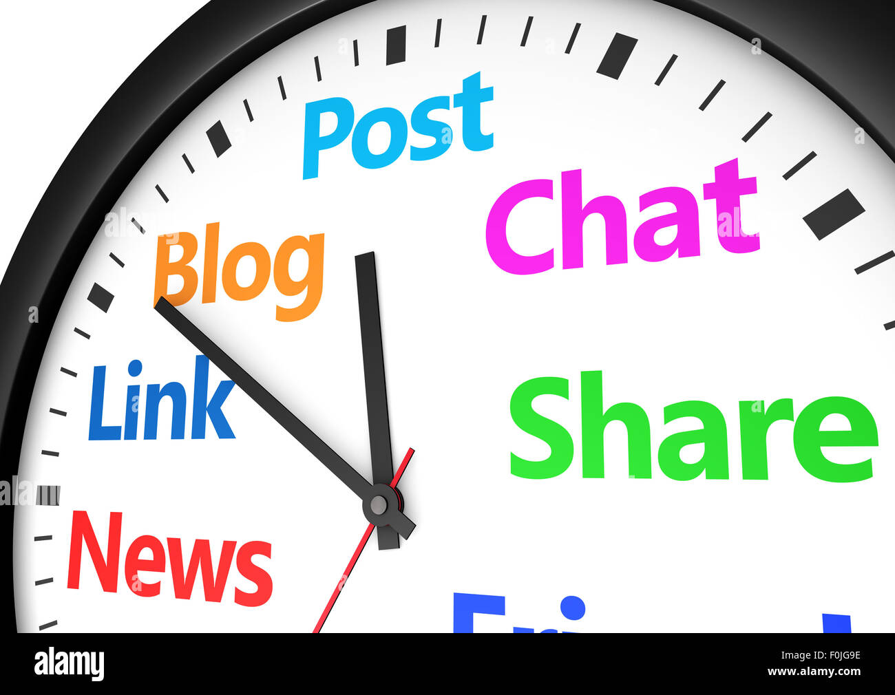 Soziale Medien Zeit-Management und Web-Strategie-Konzept mit einer Uhr und Sozialnetz Wort und Zeichen in verschiedenen Farben gedruckt. Stockfoto