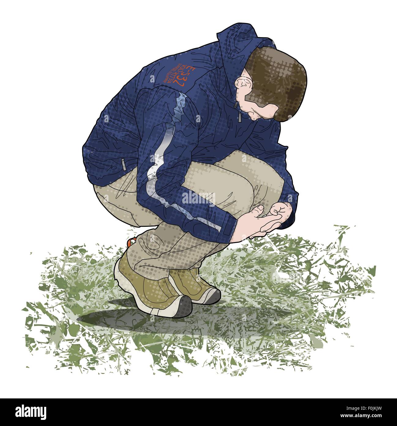 Digitale Illustration des Menschen hocken am Boden nach unten und hält Knie Stockfoto