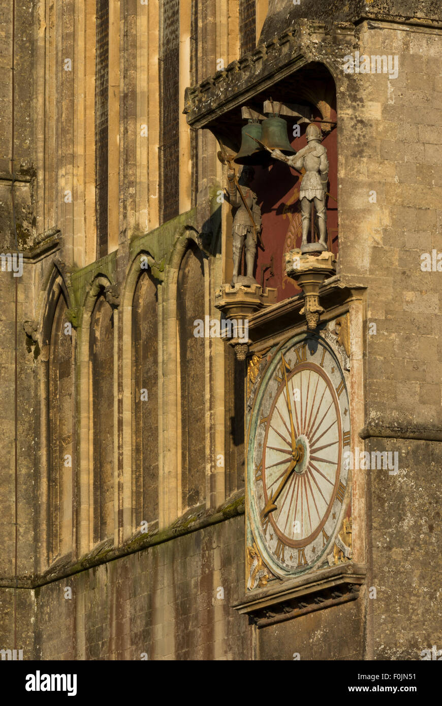 Uhr-Detail auf der Seite der Kathedrale von Wells, Somerset, England, UK Stockfoto