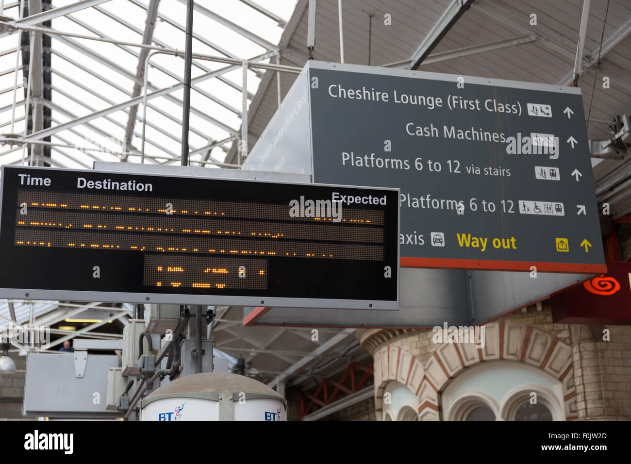 Wegweiser am Bahnhof Crewe, England Stockfoto