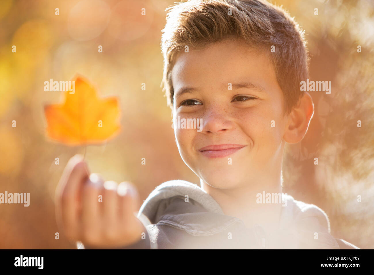 Junge mit goldenen Herbst Blatt hautnah Stockfoto
