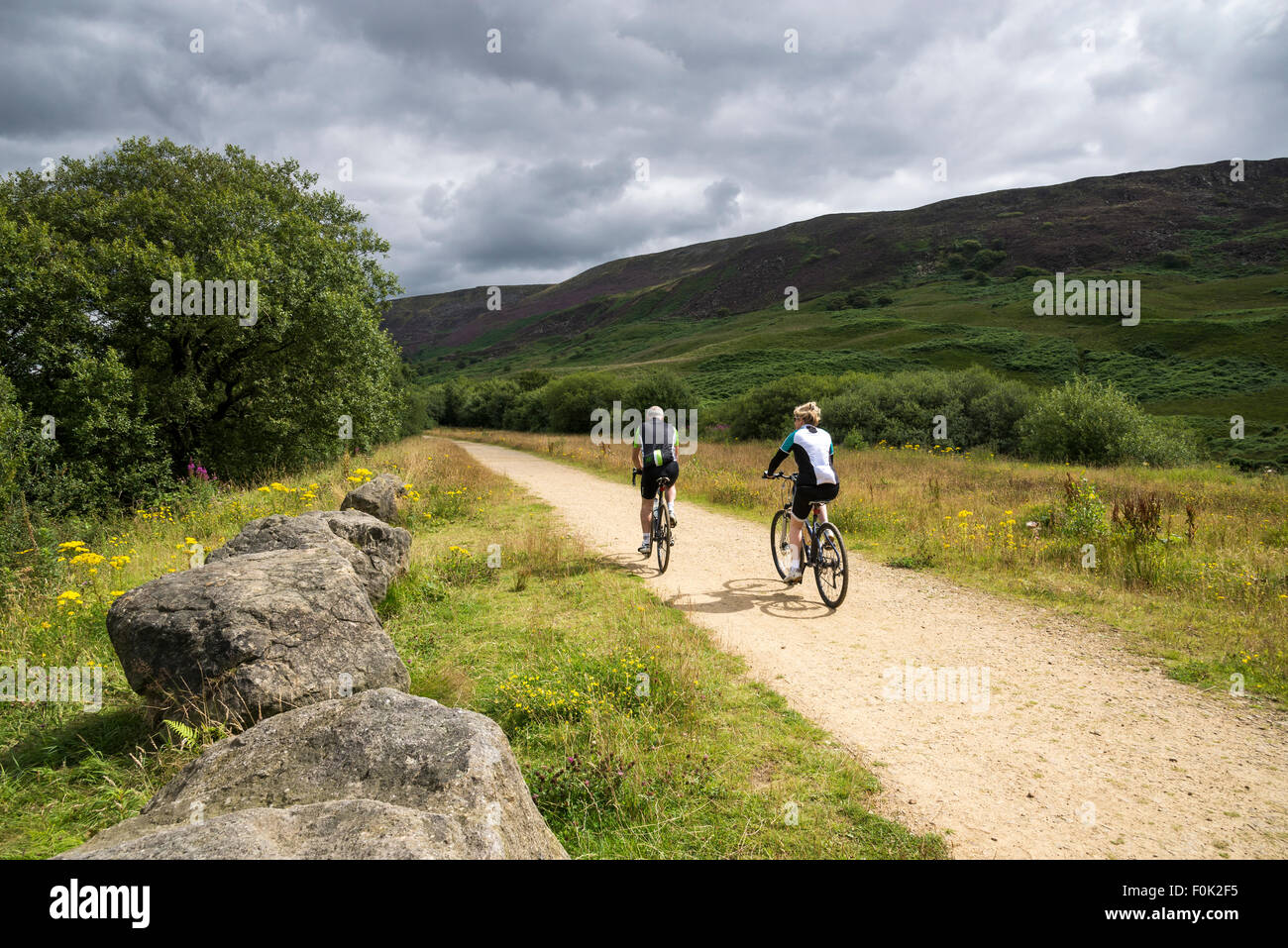 Ein paar Radfahren auf dem Longdendale-Trail in Derbyshire, England. Einem sonnigen Sommertag mit Hügeln von lila Heidekraut. Stockfoto