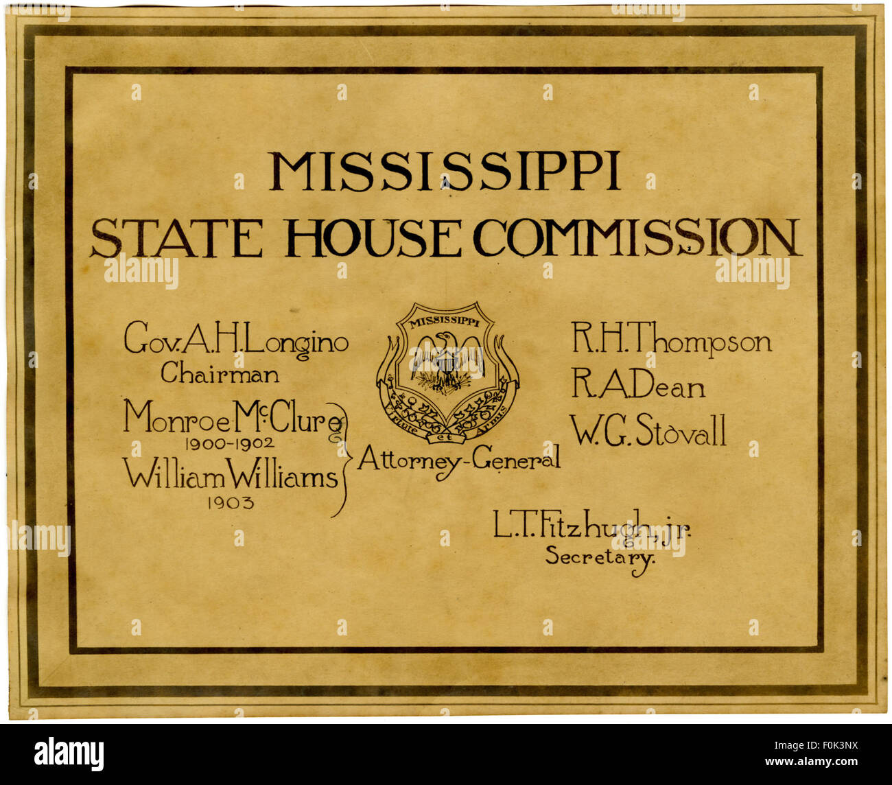 Ein Foto, das die Beamten der Mississippi State House Commission zeigt, die für die Überwachung der Legislativangelegenheiten in Mississippi zuständig sind. Das Bild spiegelt die politische Landschaft des Staates während des frühen 20. Jahrhunderts wider. Stockfoto