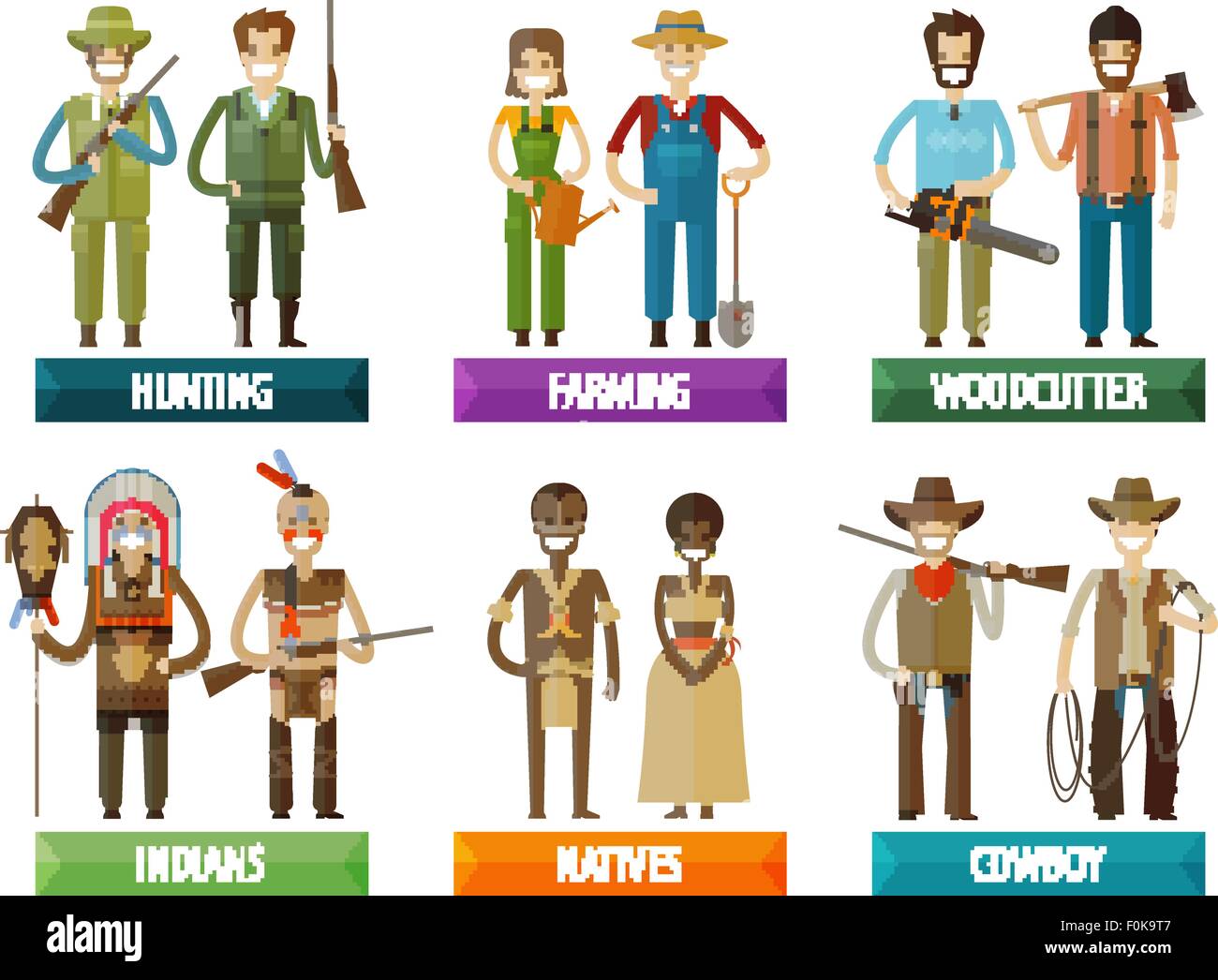 Menschen Vektor-Logo Design-Vorlage. Landwirt, Jäger und Ureinwohner, Indianer, Holzfäller-Symbole Stock Vektor