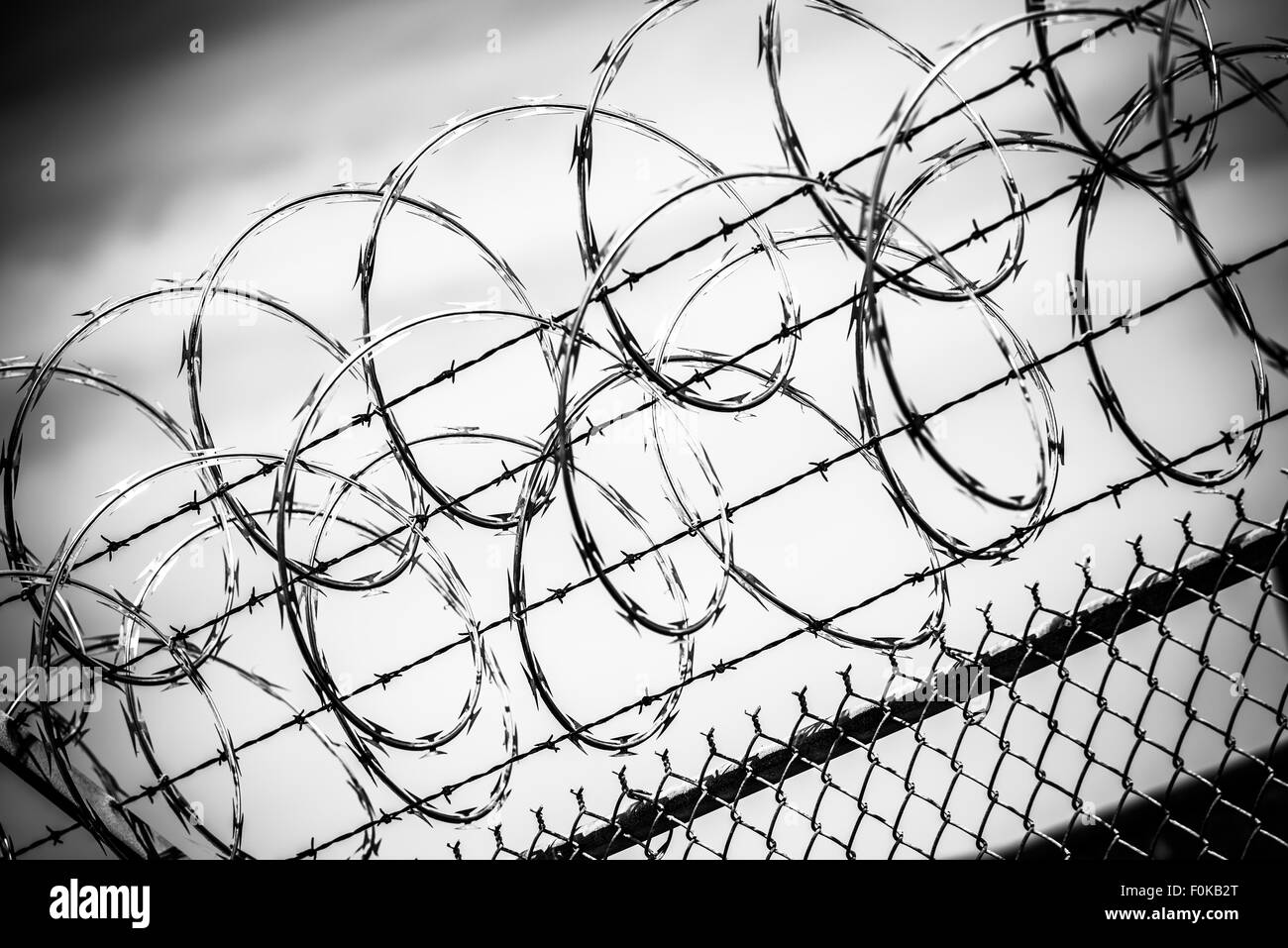 Stacheldrahtzaun. Gefängnis-Zaun in Black And White Nahaufnahme. Stockfoto