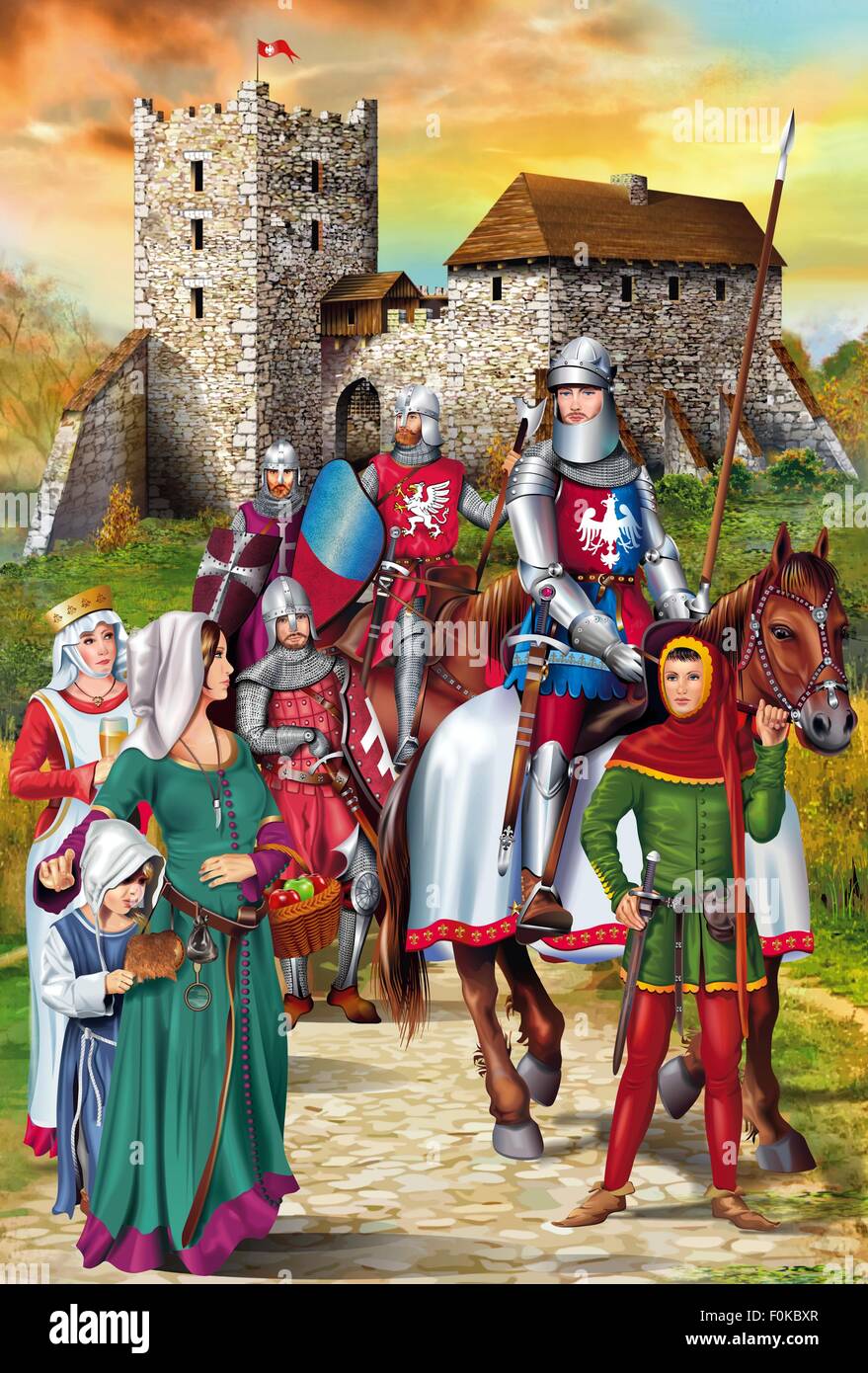 Polnische mittelalterlichen Ritter mit Ehefrauen und die mittelalterliche Burg-Illustration. Stockfoto