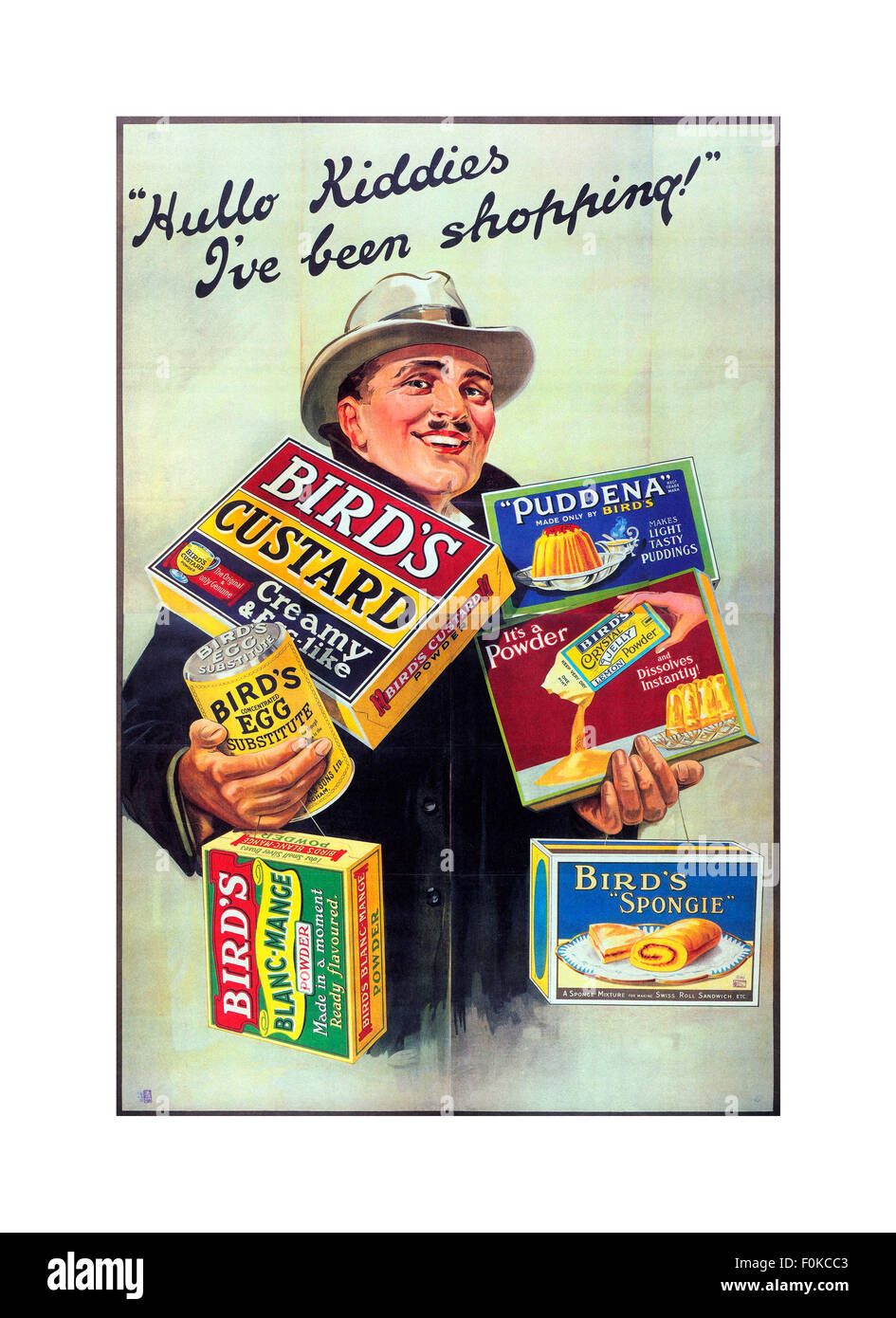 Oldtimer Essen Werbung Plakat Bird Creme-Produkte von John E. Mellor, 1920 Stockfoto