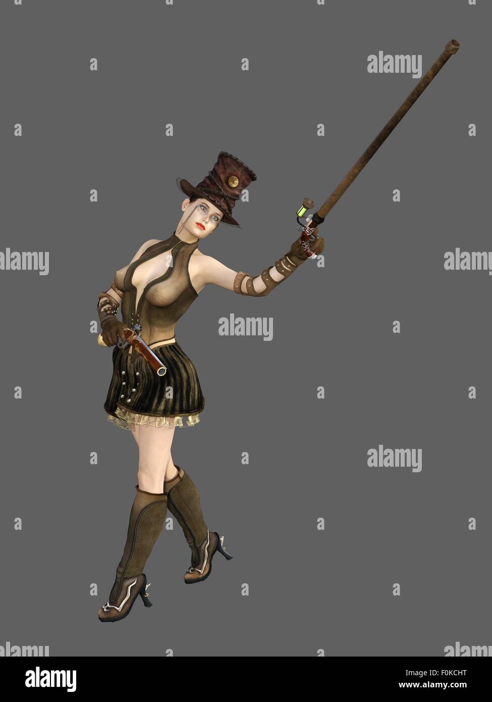 Steampunk-Weibchen in reich verzierten Top hat mit Steinschloss-Pistole und Zuckerrohr mit Monokel Stockfoto