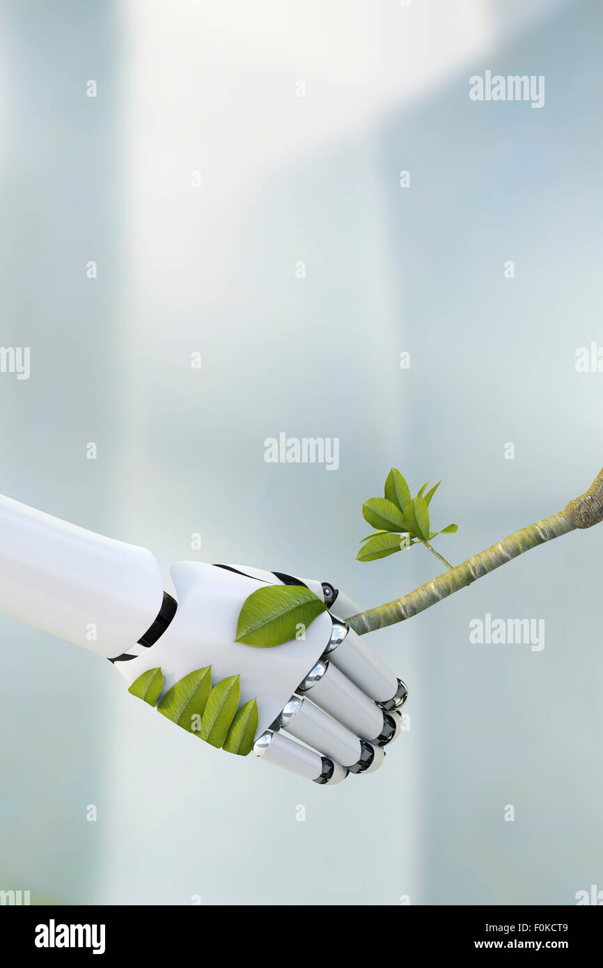 Roboterhand und Zweig, Hände schütteln, 3D Rendering Stockfoto