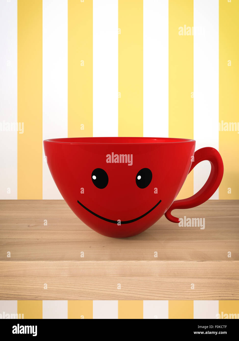 Lächelnde rote Tasse auf einem Regal Stockfoto