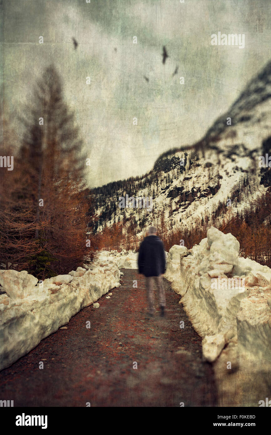 Italien, Lombardei, Wanderer auf Pfad im Winter, digital manipuliert Stockfoto