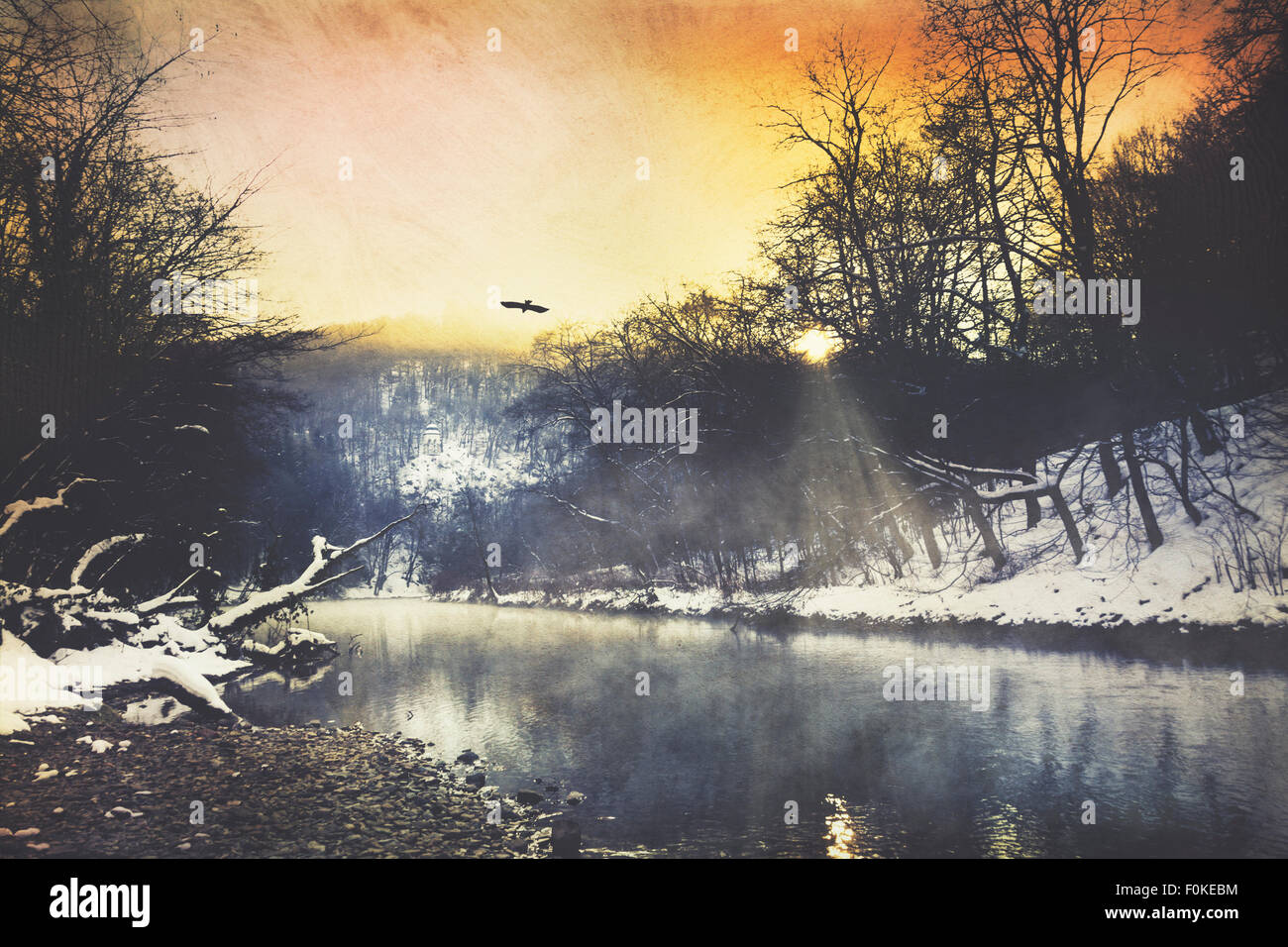 Deutschland, Winter-Atmosphäre bei Sonnenaufgang, Wupper-Fluss in der Nähe von Remscheid, digital manipuliert Stockfoto
