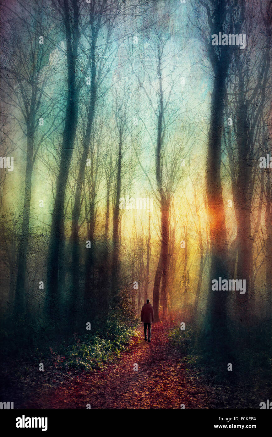 Mann auf Waldweg bei Sonnenuntergang, digital manipuliert Stockfoto