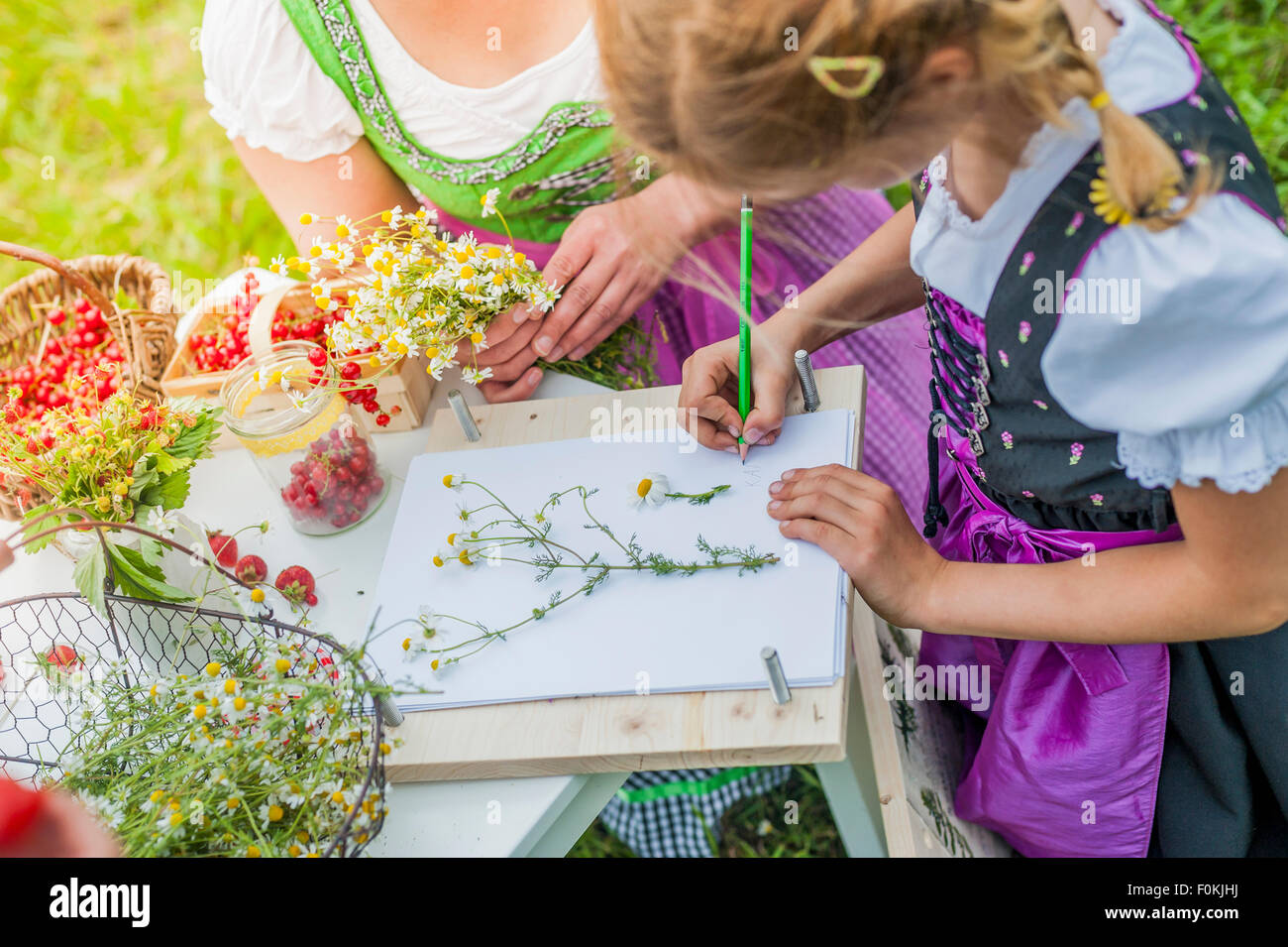 Deutschland, Sachsen, Mädchen tragen Dirndl Pflanzen zeichnen lernen Stockfoto