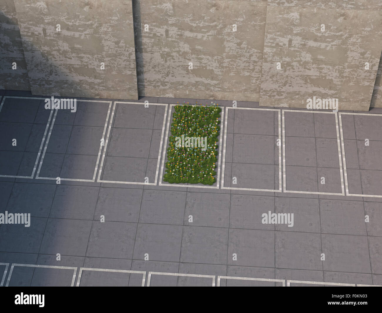 Stück Natur zwischen den Parkplätzen, 3D Rendering Stockfoto