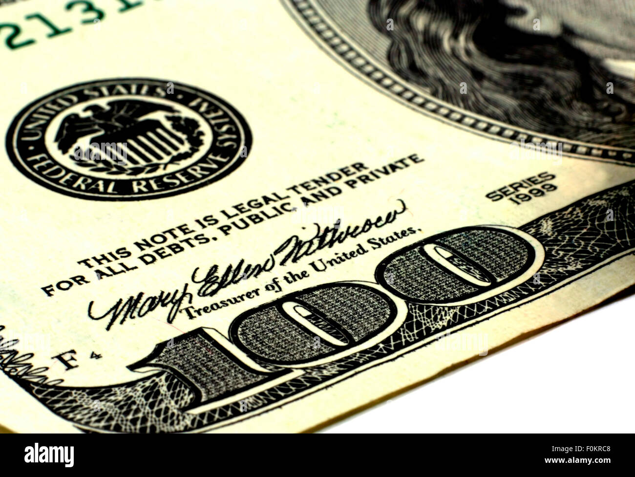 Makroaufnahme einer hundert-Dollar-Schein Stockfoto