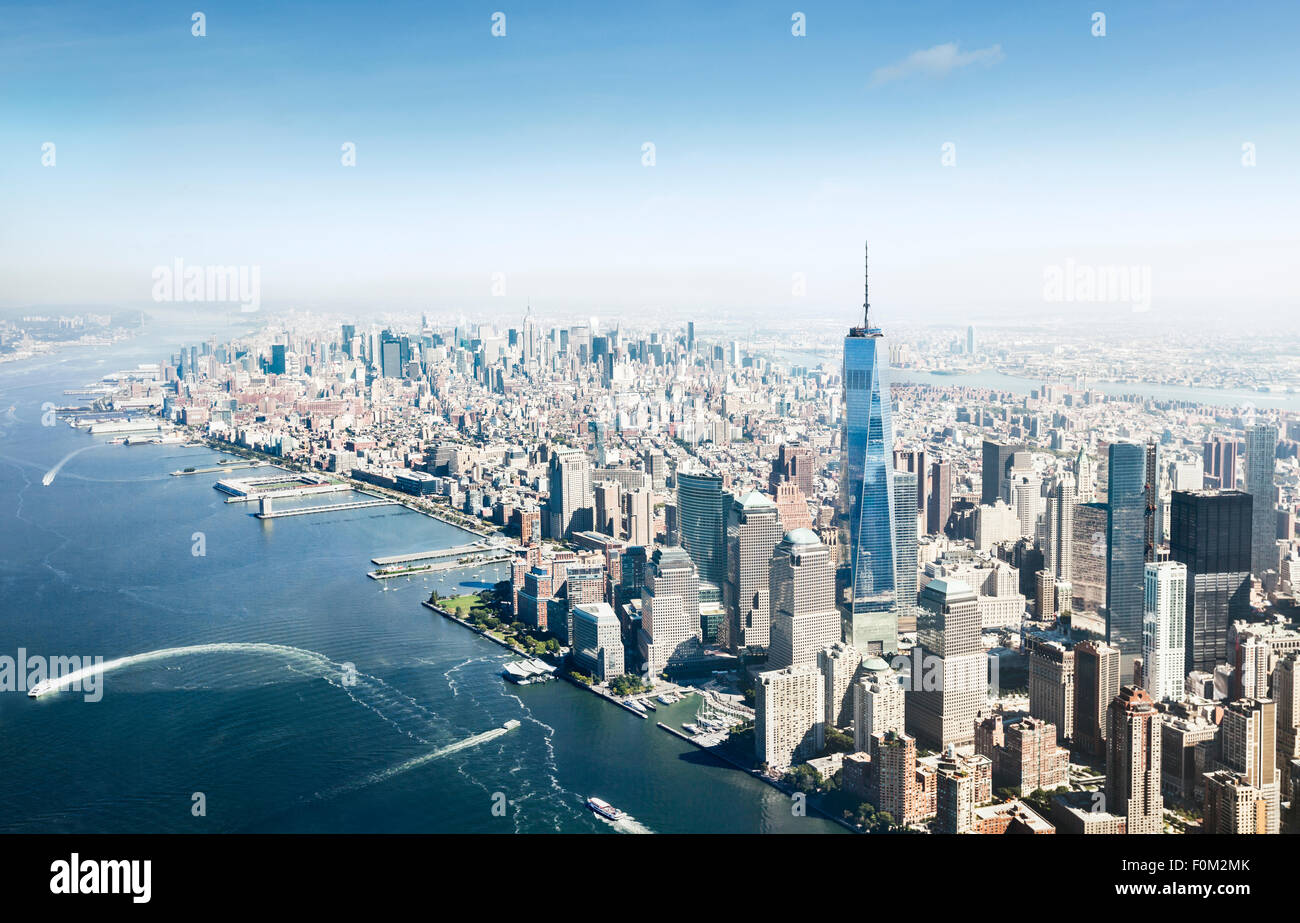 Luftaufnahme von Manhattan mit One World Trade Center, New York, USA Stockfoto